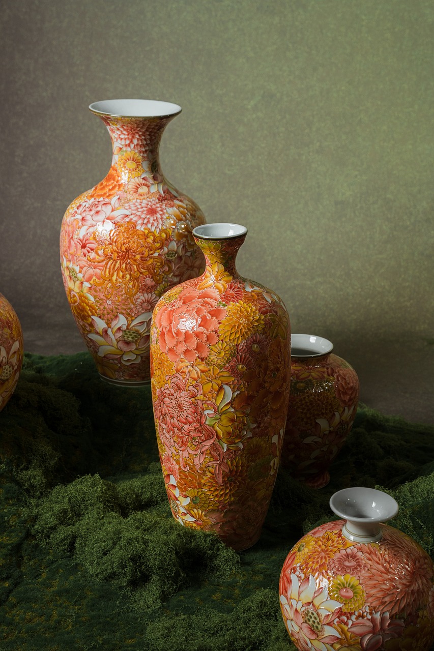 vases, ceramics, pink, floral pattern, decorative, luxurious, artwork, natural background, oriental art, craftsmanship, traditional, culture, handcrafted, display design, giftware, tea set, flowery, nature motifs, asian, ochre