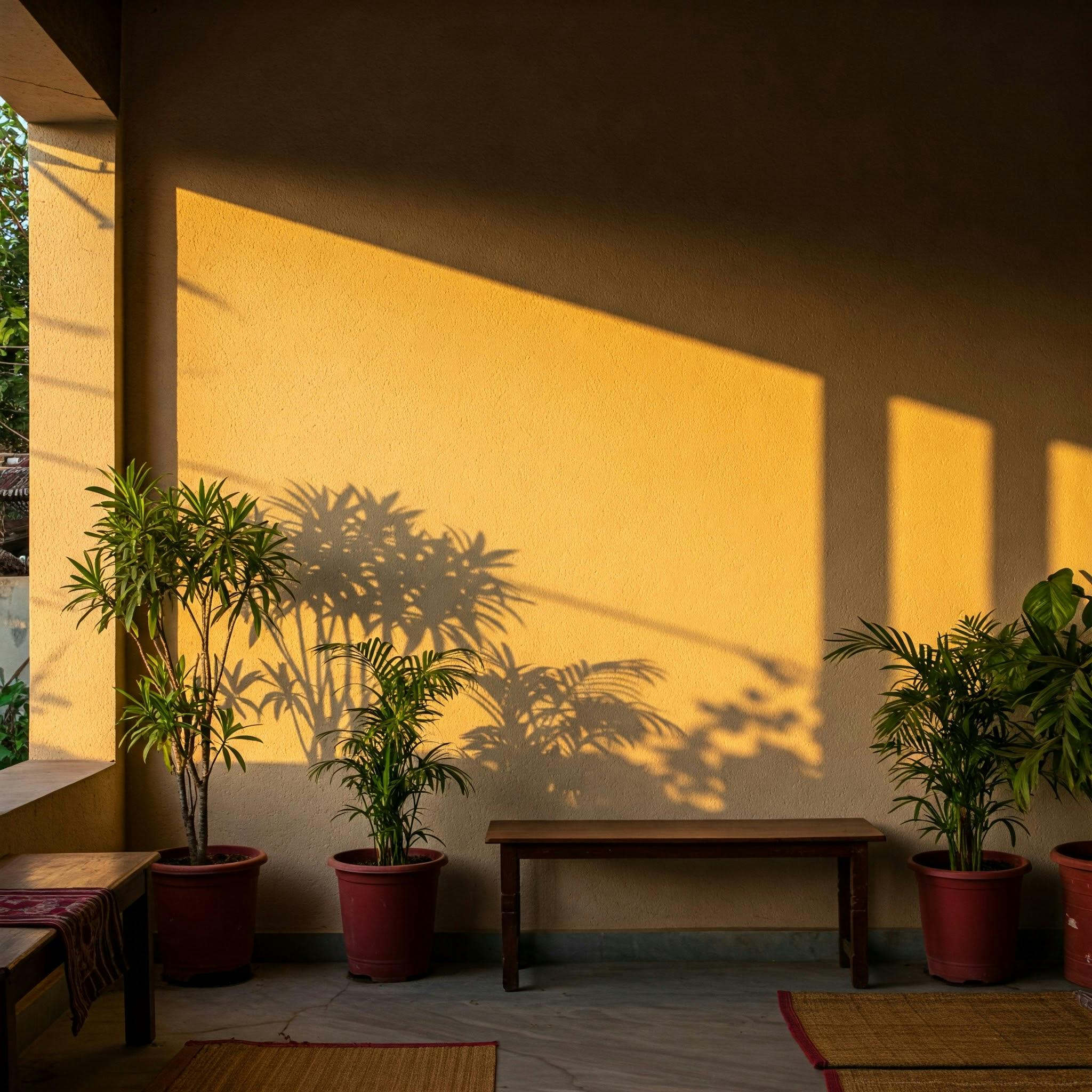 Cozy indoor space with sunlight casting shadows of potted plants on a wall.