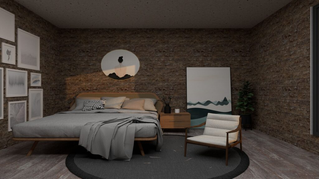 A cozy modern bedroom featuring minimalist furniture and decor pieces, offering a stylish and comfortable ambiance.
