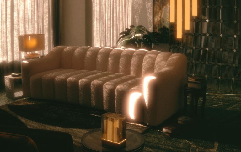 Elegant modern living room with a cozy sofa and artistic lighting, creating a warm atmosphere.