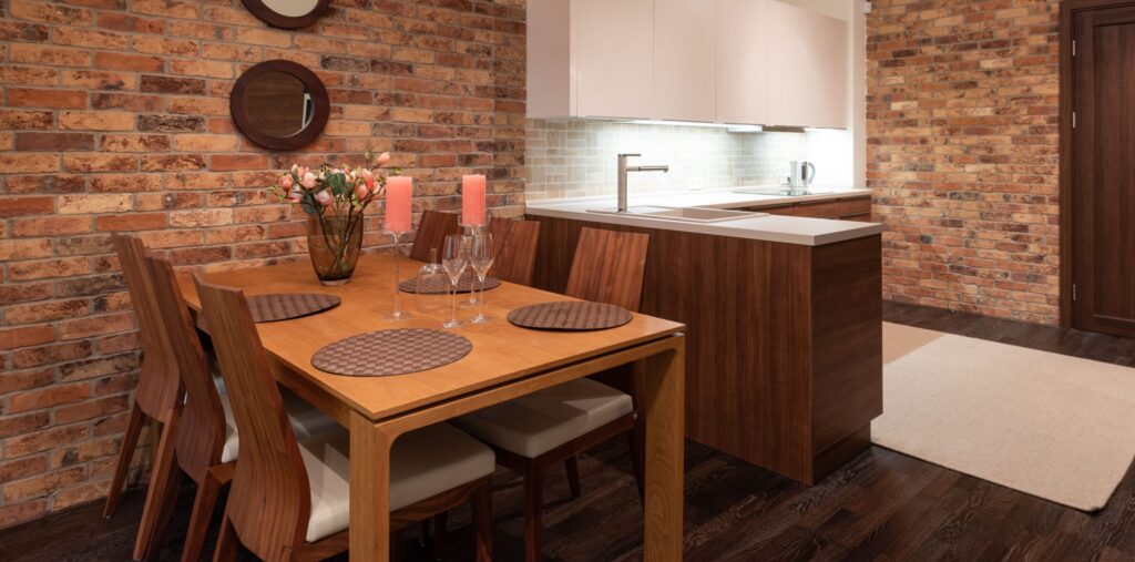 wood table in industrial home